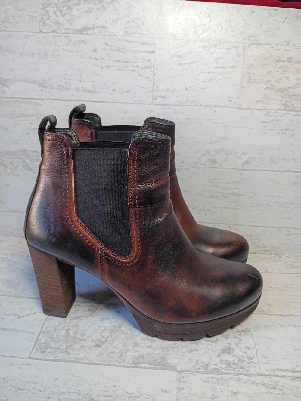 Paul Green Women’s Chunky Grunge Brown Leather Platform Chelsea Ankle Boots Sz 7